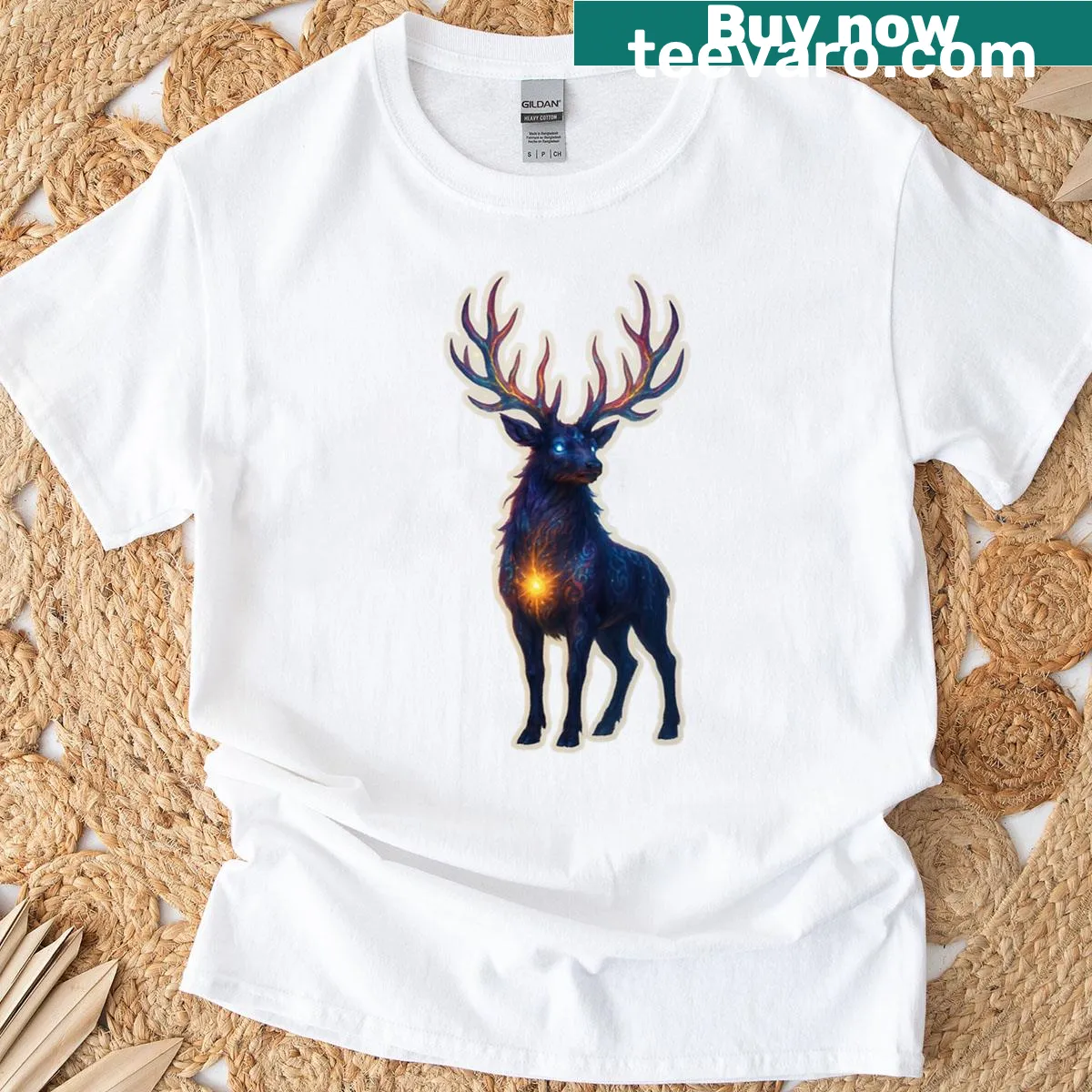 Celestial stag t-shirt featuring a guardian design for nature lovers — on a men's t-shirt