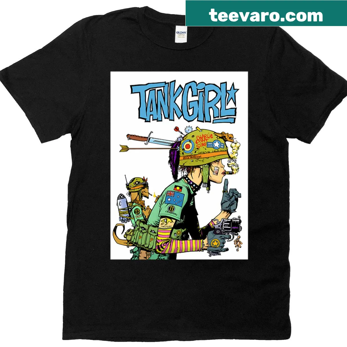 Tank girl graphic with text on a surf-themed t-shirt — on a men's t-shirt