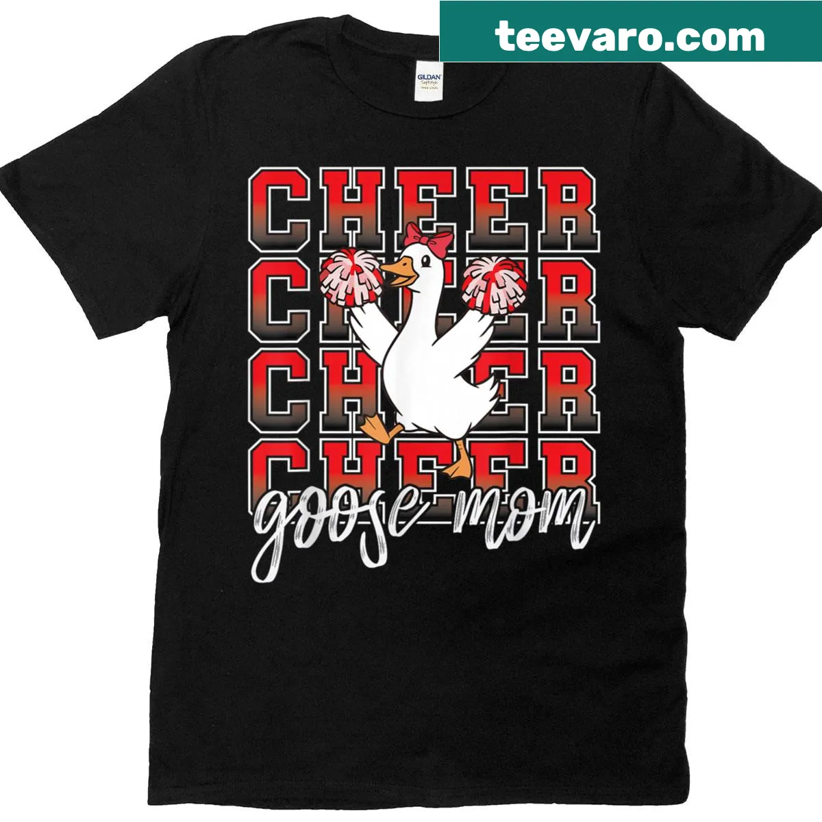 Funny cartoon goose with bow graphic on a cheerleading t-shirt — on a men's t-shirt