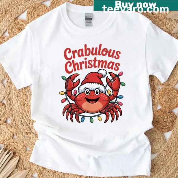 Funny Christmas shirt with crab wearing a Santa hat illustration