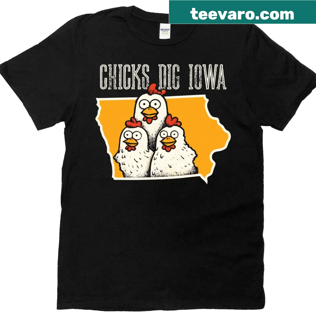 Proud Iowan T-shirt with a message about chicken farming — on a men's t-shirt