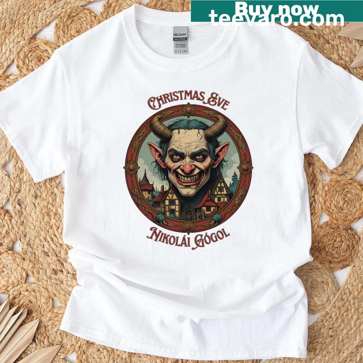 Nikolai Gogol Christmas Eve themed T-shirt with festive illustrations — on a men's t-shirt