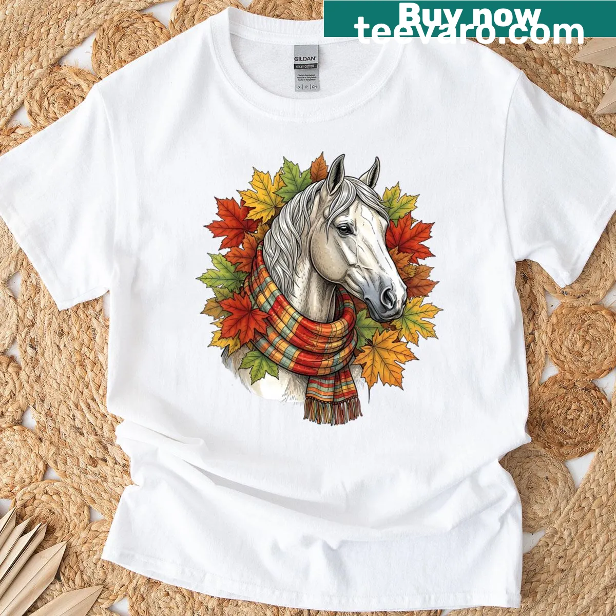 Cute autumn T-shirt featuring a horse dressed for Christmas — on a men's t-shirt