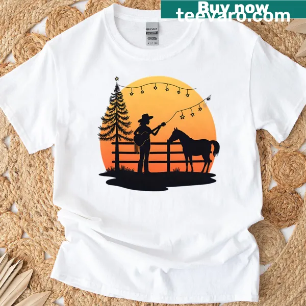 Illustration of a cowgirl musician celebrating Christmas on T-shirt.