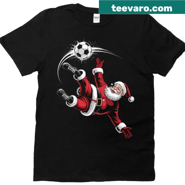 Playful Christmas tee featuring Santa performing a bicycle kick