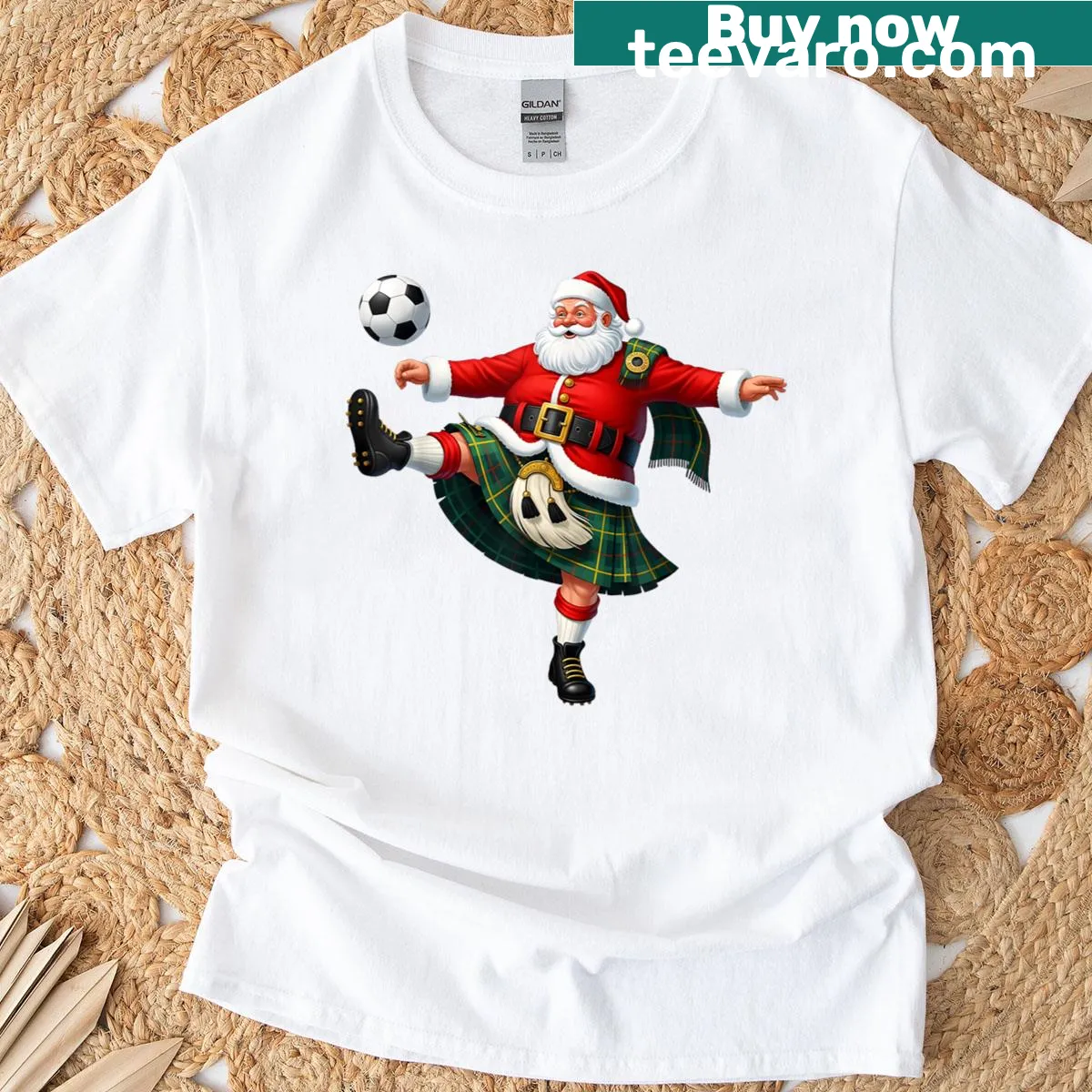 Funny Christmas soccer t-shirt with Santa playing soccer — on a men's t-shirt