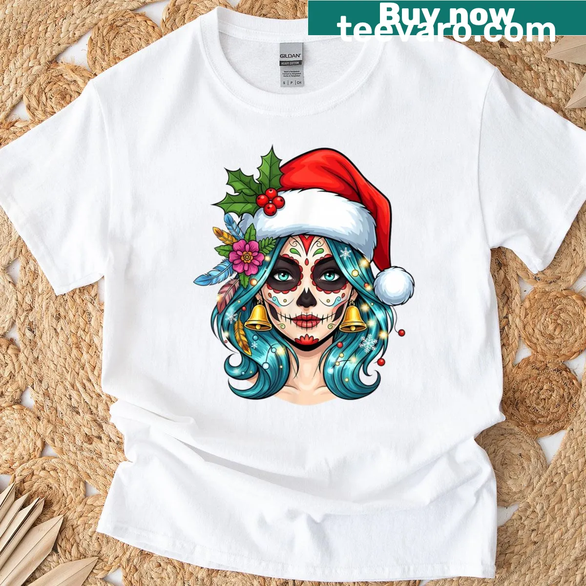 Sugar skull art with Santa hat on a women's T-shirt — on a men's t-shirt