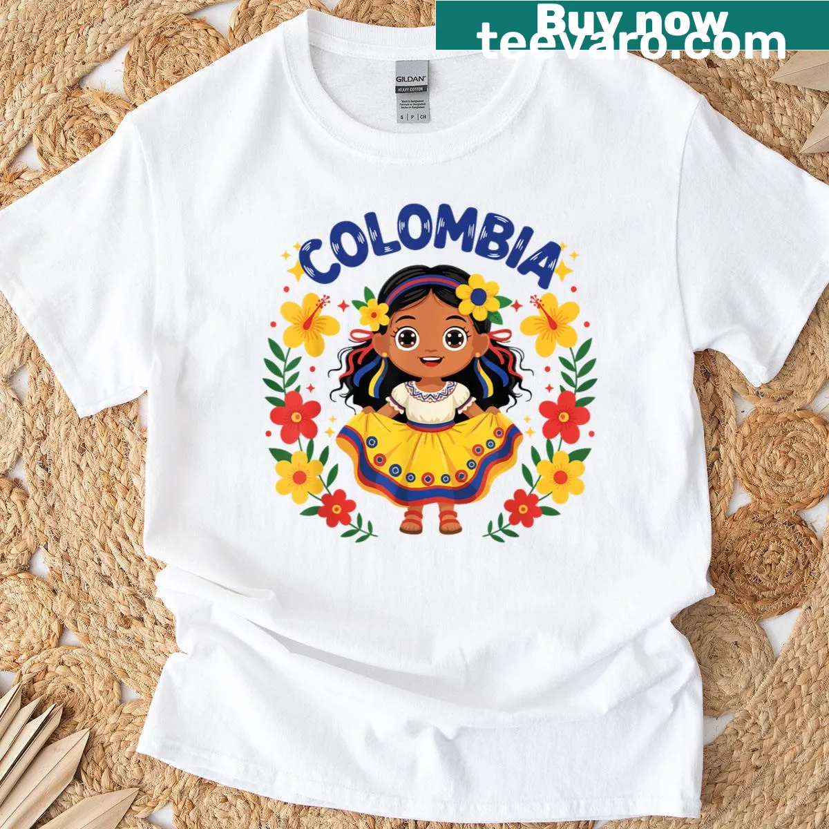 Illustration of a Colombian girl in traditional dress with flowers printed on T-shirt — on a men's t-shirt