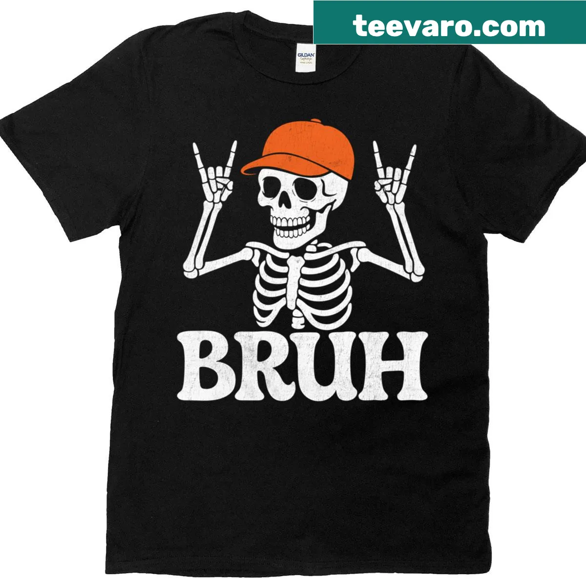 Cartoon skeleton rocking out for Halloween — on a men's t-shirt