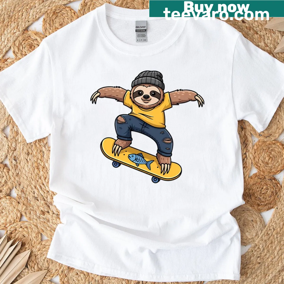 Cartoon sloth on skateboard graphic printed on T-shirt — on a men's t-shirt