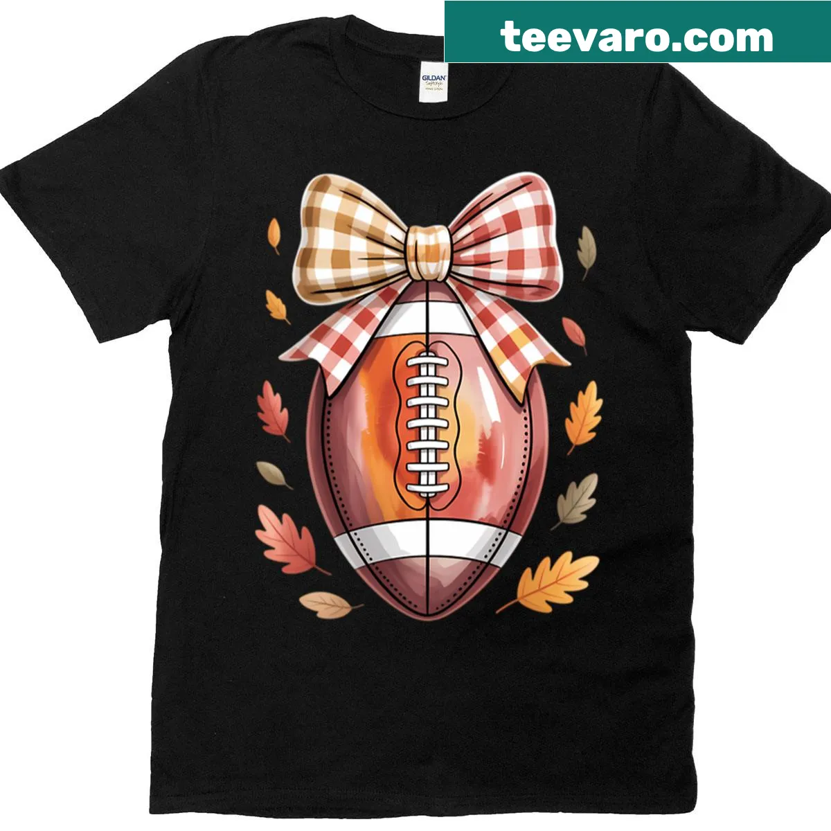 Autumn-themed football design with a bow for Thanksgiving. — on a men's t-shirt