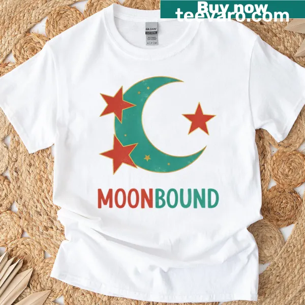 Crescent moon and stars graphic with 'Moonbound' text on a t-shirt.