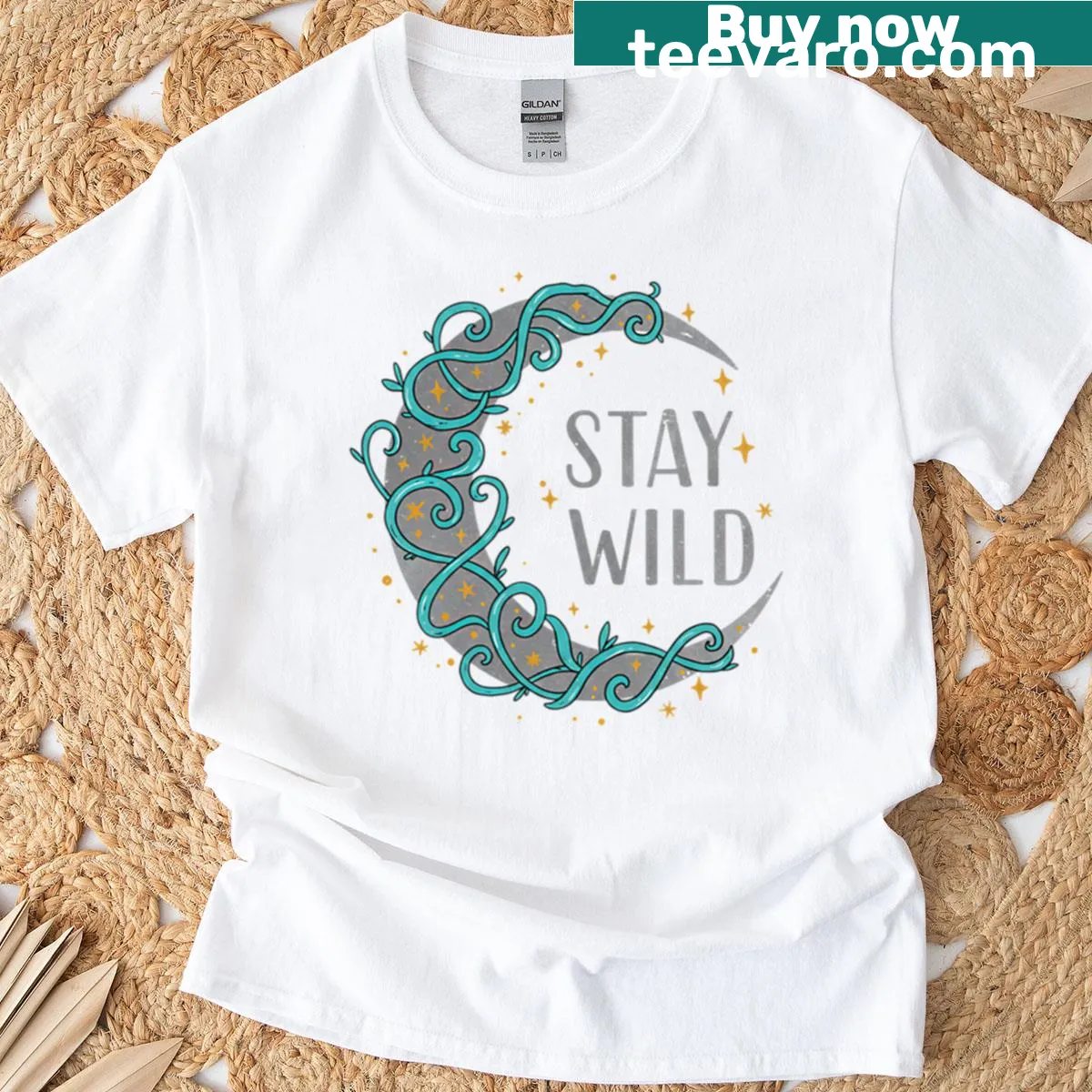 Crescent moon with vines and stars illustration on a t-shirt — on a men's t-shirt