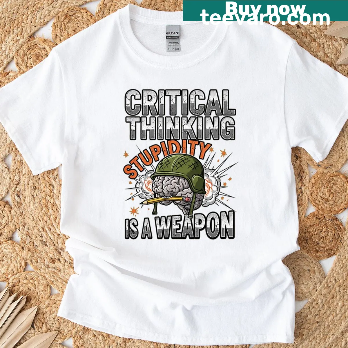 Text-based design highlighting critical thinking as a weapon — on a men's t-shirt