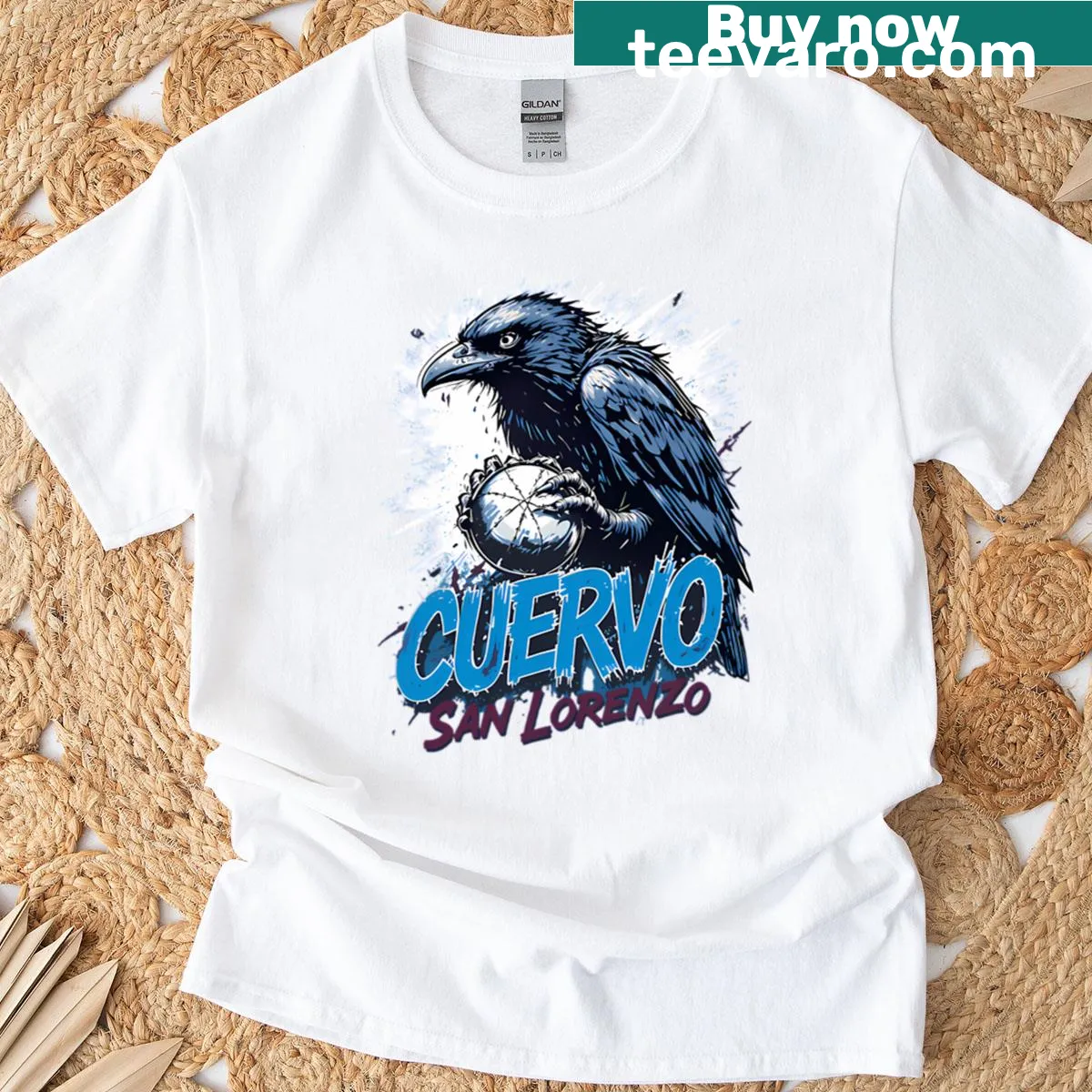 Graphic of a raven representing Cuervo Boedo on a t-shirt. — on a men's t-shirt