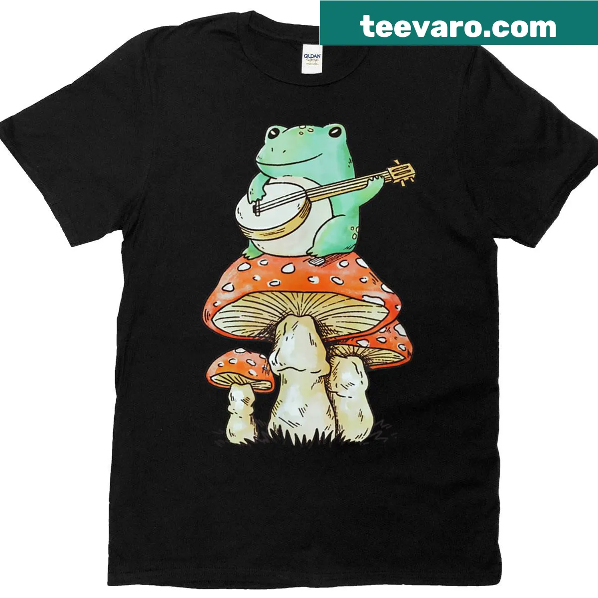 Cute frog playing banjo graphic T-shirt for women — on a men's t-shirt