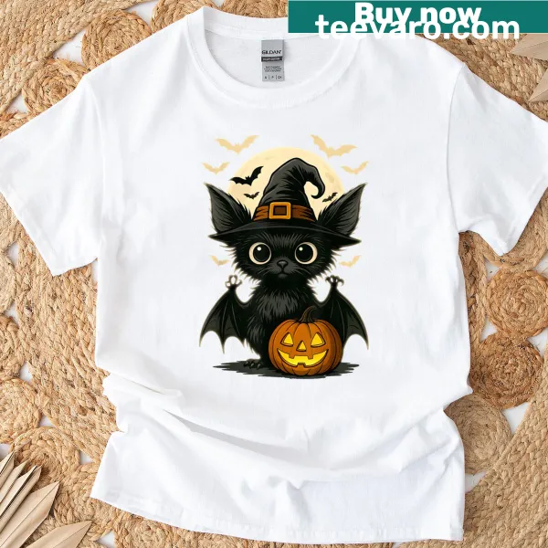 Cute Halloween T-shirt featuring a bat in a witch hat with a moon and stars