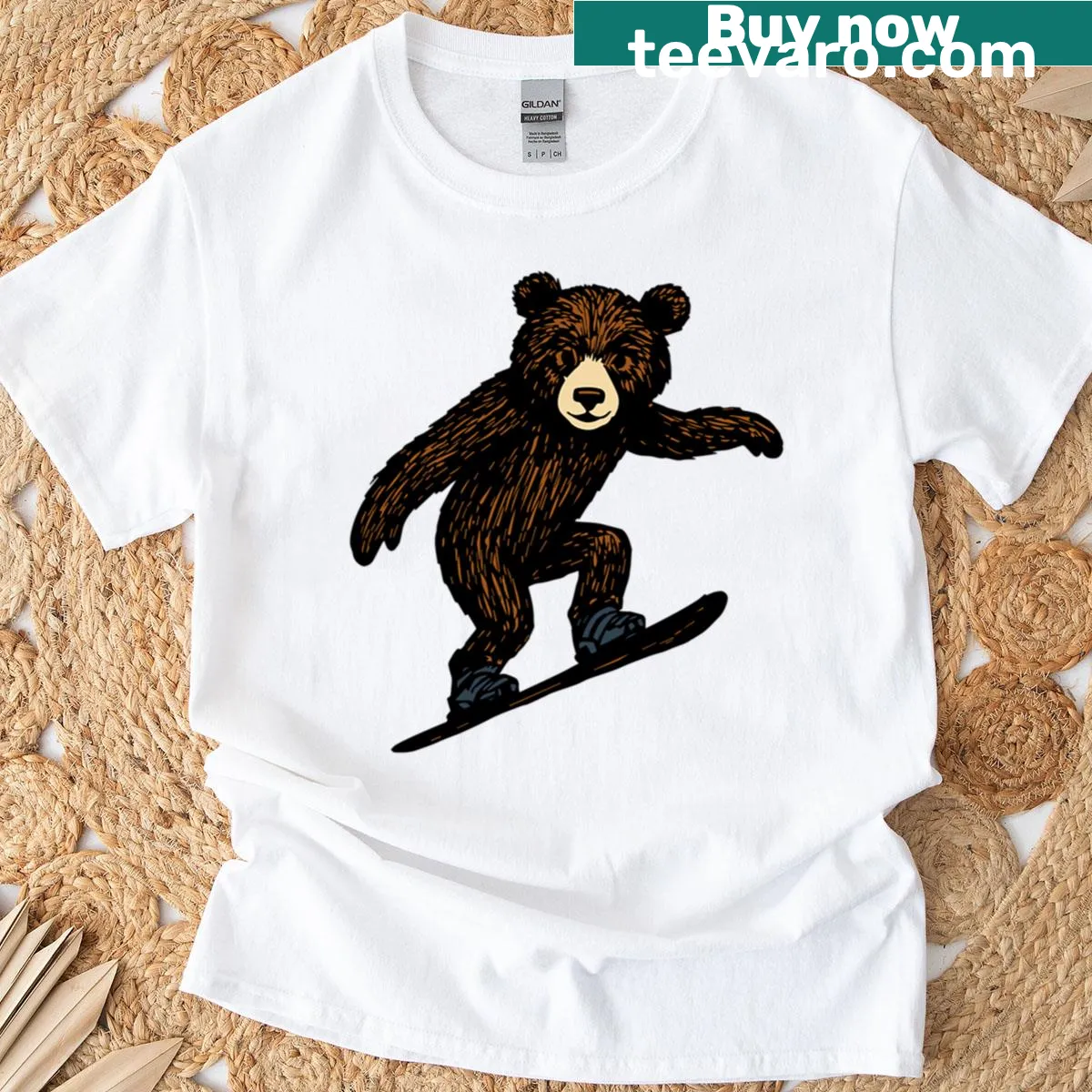 Cartoon bear snowboarding graphic T-shirt — on a men's t-shirt