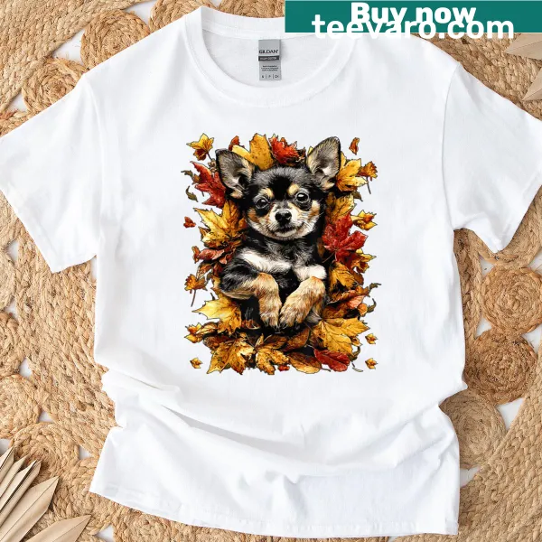 Chihuahua surrounded by autumn leaves in a playful design