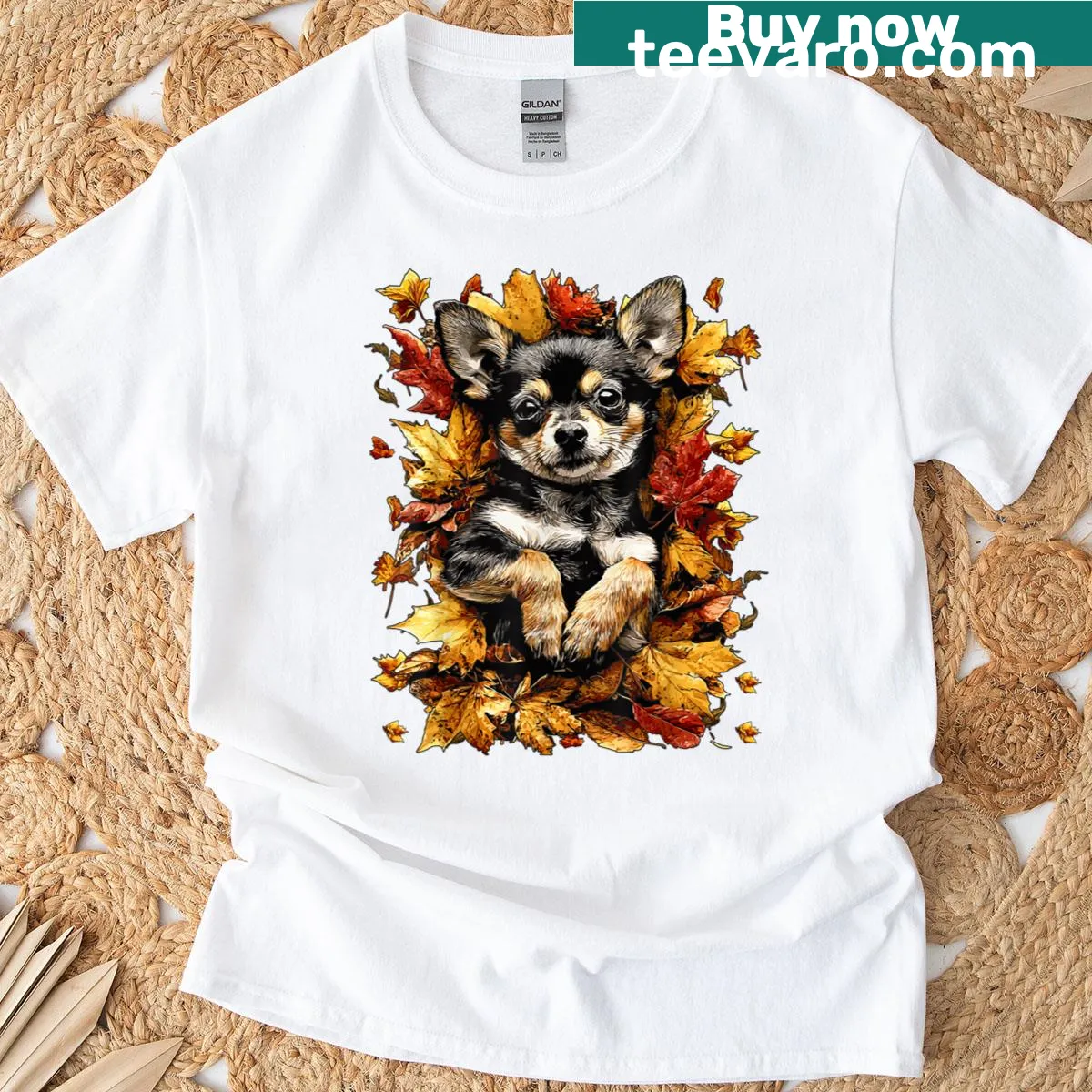 Chihuahua surrounded by autumn leaves in a playful design — on a men's t-shirt
