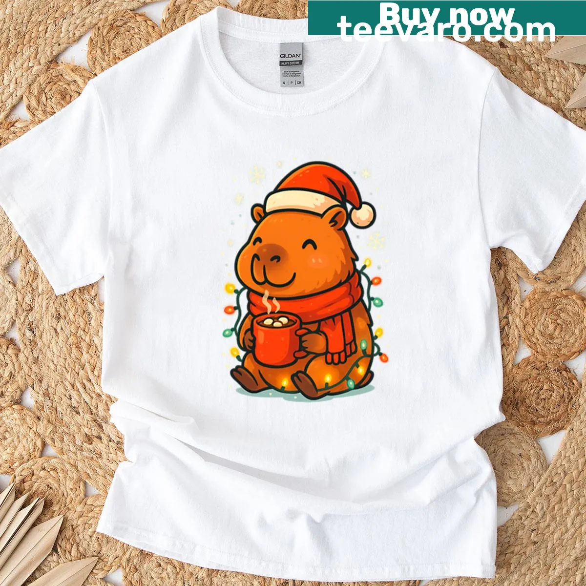 Capybara in a Santa hat holding hot cocoa for a festive shirt — on a men's t-shirt