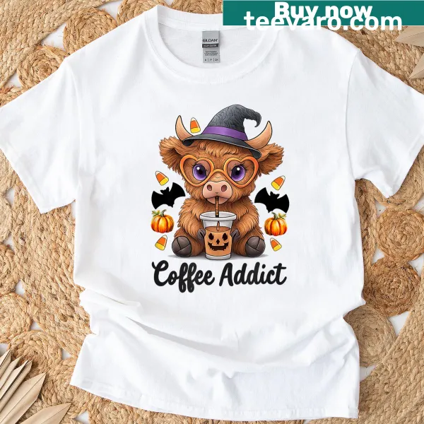 Cute Halloween T-shirt with cow drinking coffee design