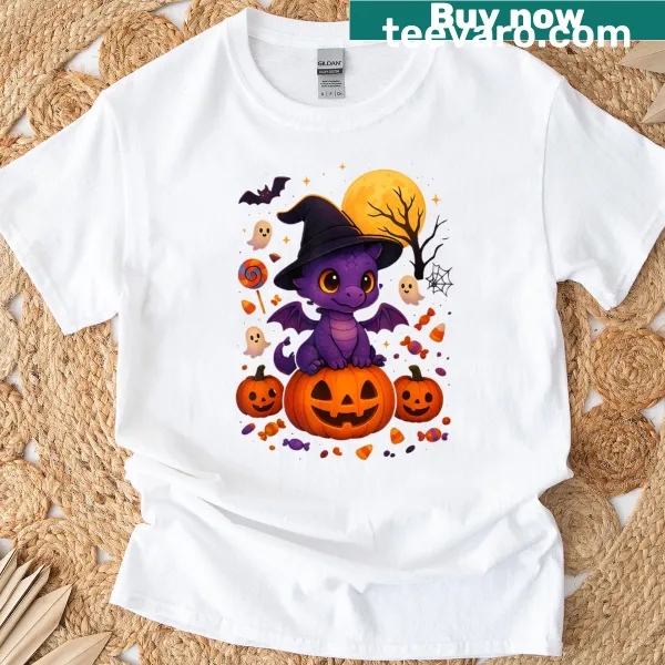 Cute dragon in a witch hat with pumpkins and moon for Halloween