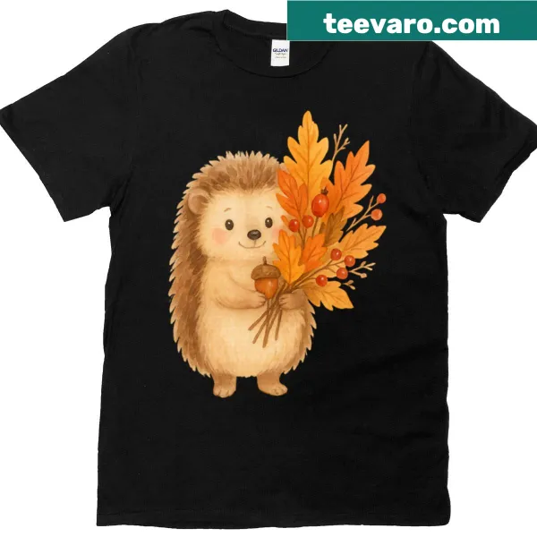 Watercolor t-shirt featuring a cute hedgehog with autumn leaves