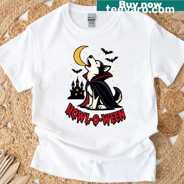 Cartoon vampire dog howling at the moon for Halloween