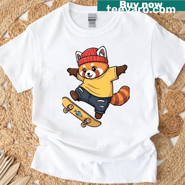 Cute red panda skateboarding graphic on t-shirt