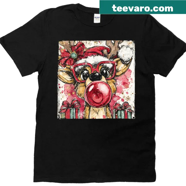 Whimsical reindeer with bubble gum graphic T-shirt for Christmas
