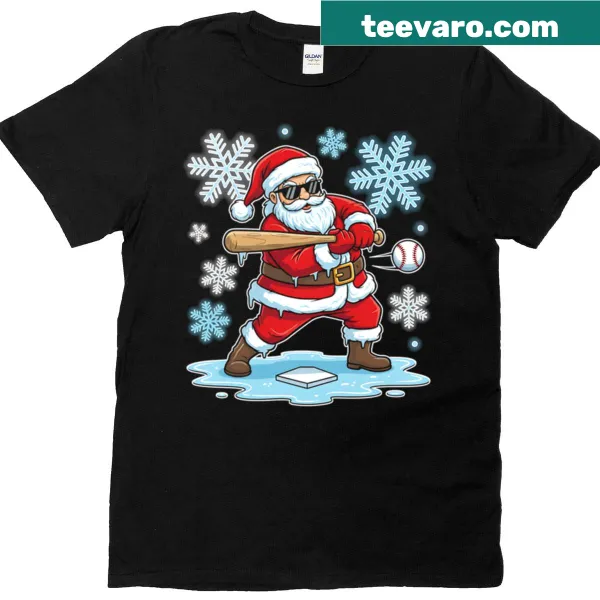 Illustration of Santa Claus playing baseball on a kids Christmas t-shirt