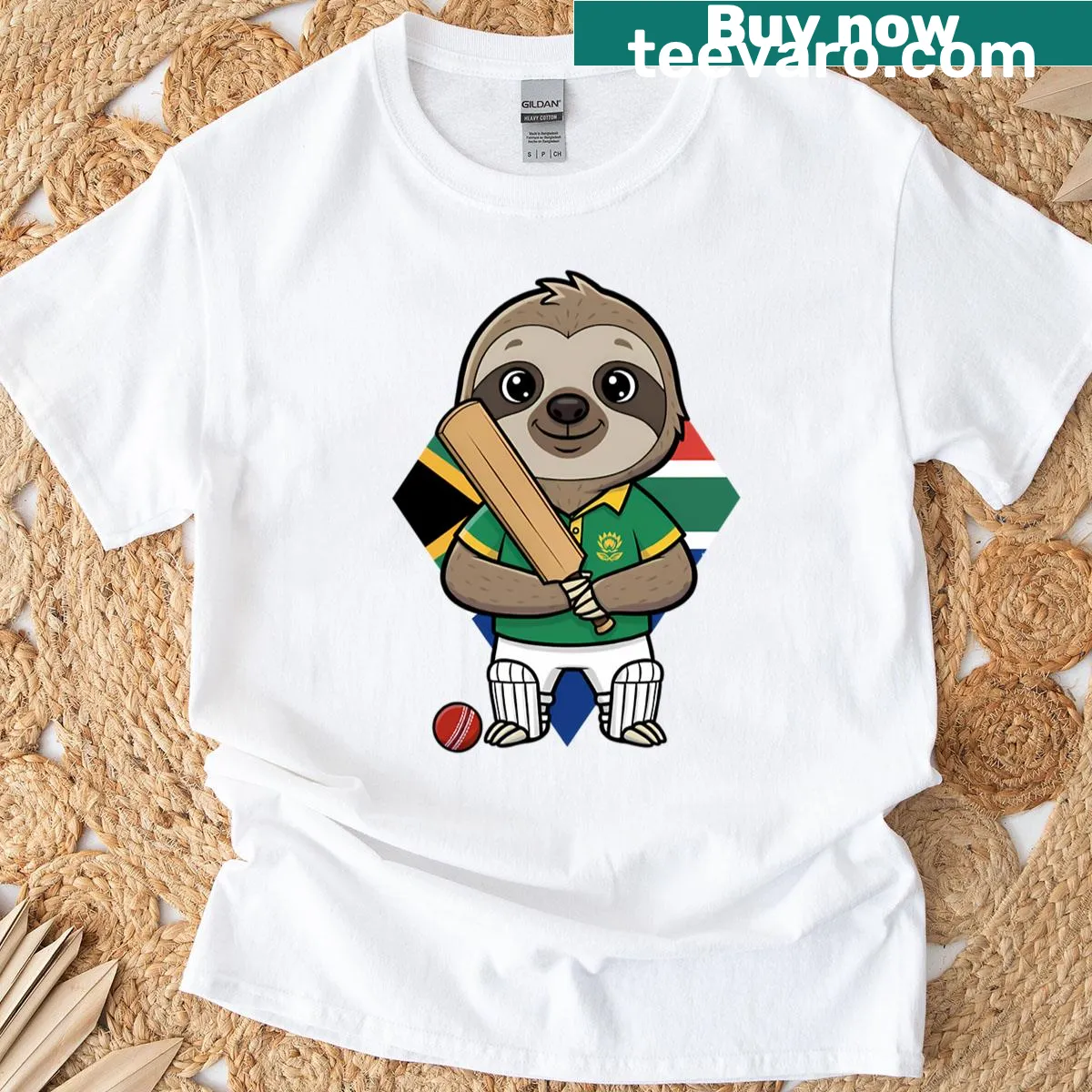 Cartoon sloth in cricket fan gear design — on a men's t-shirt