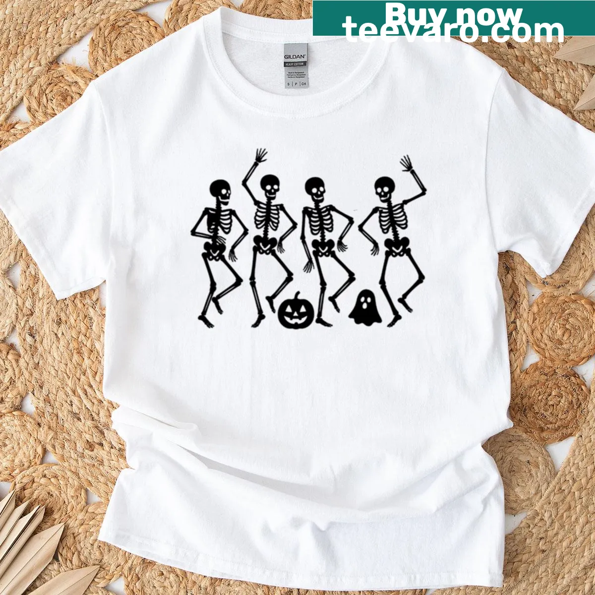 Funny Halloween T-shirt with dancing skeleton graphic — on a men's t-shirt