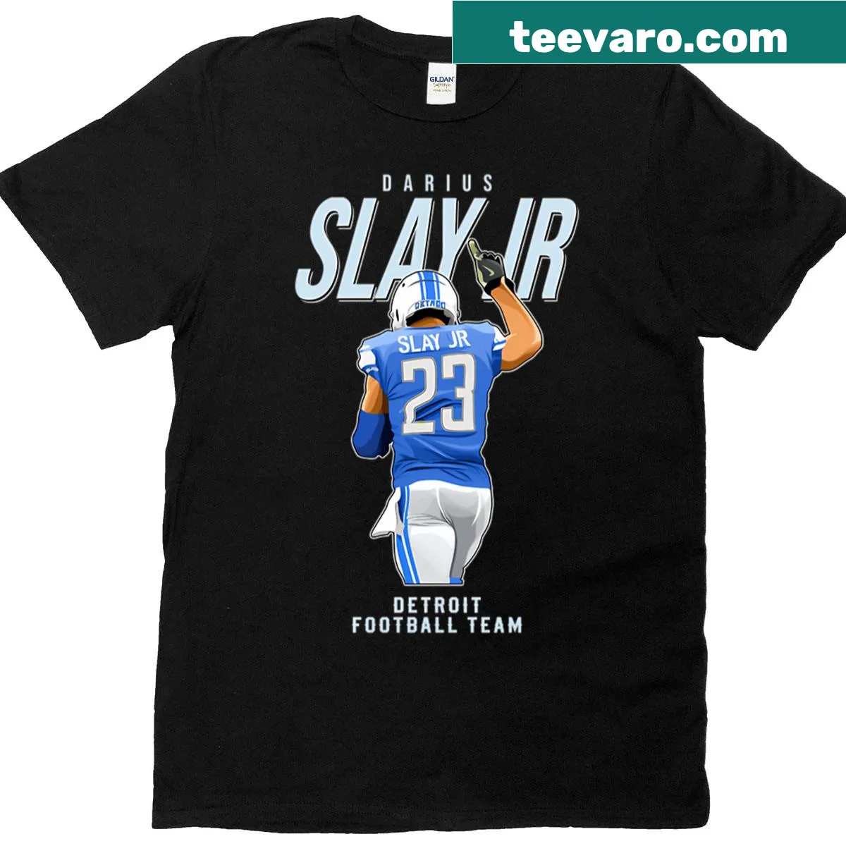 Illustration of Darius Slay with Detroit football team graphics on a T-shirt. — on a men's t-shirt