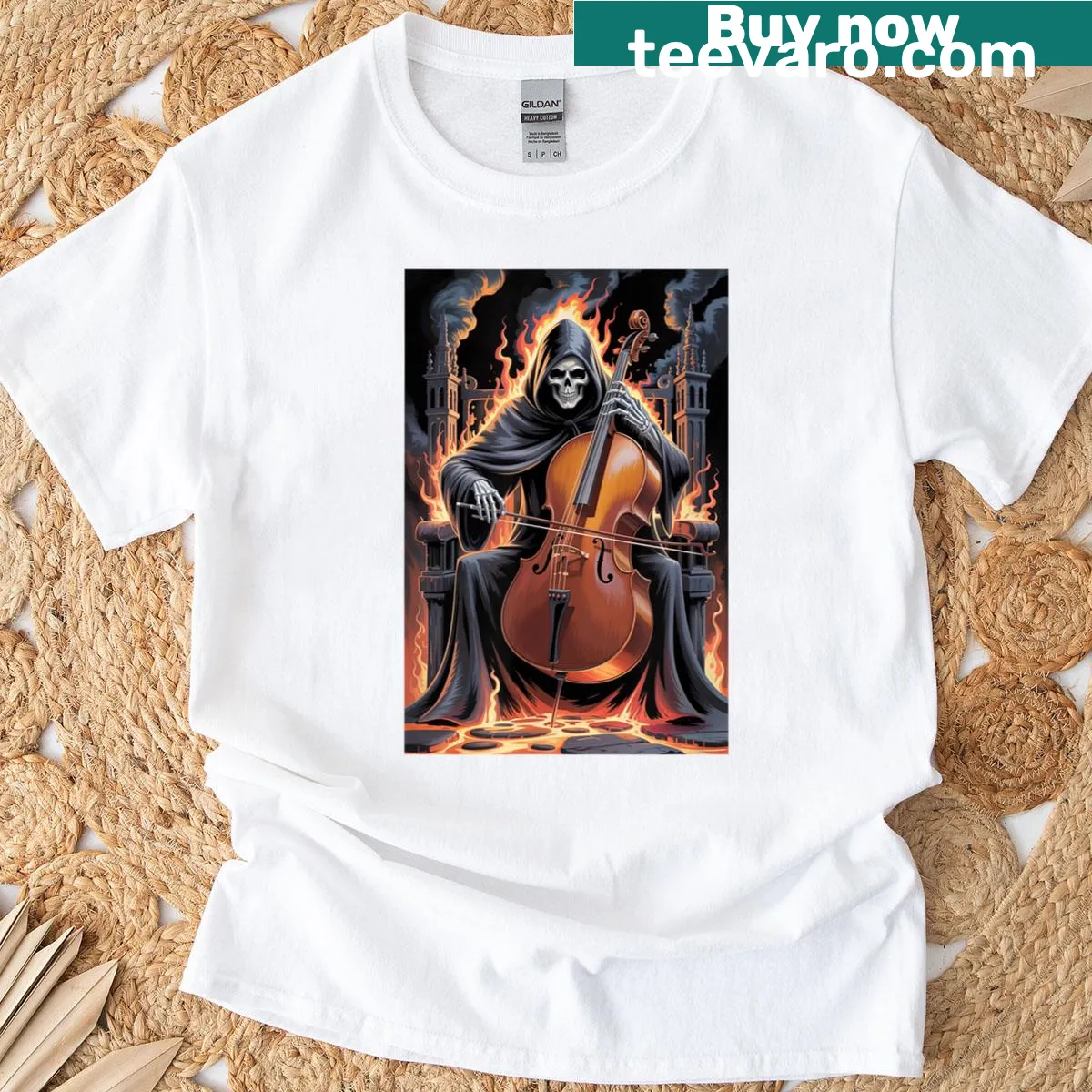 Grim Reaper playing upright bass illustration on a T-shirt — on a men's t-shirt