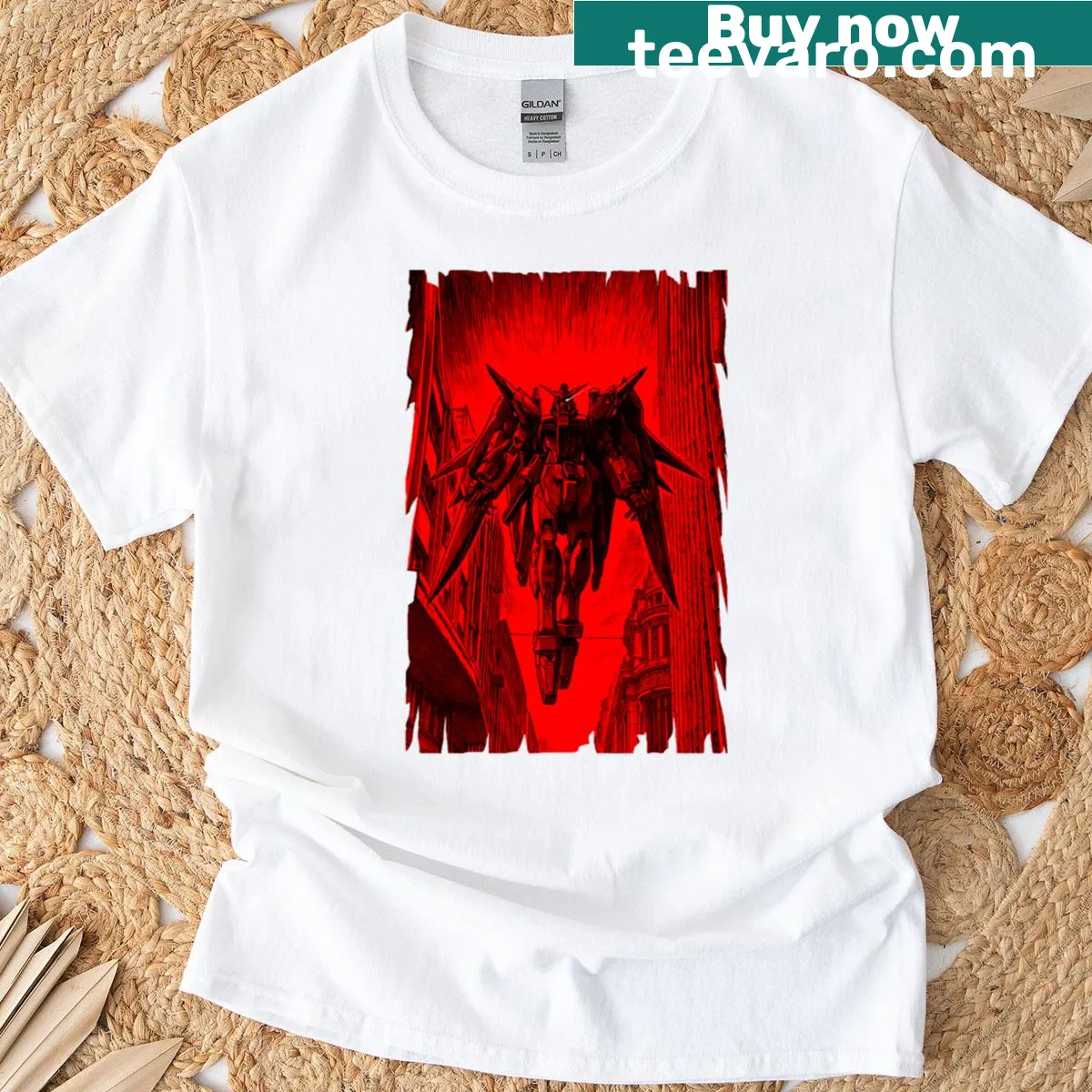 Gundam-inspired digital artwork graphic T-shirt in red — on a men's t-shirt