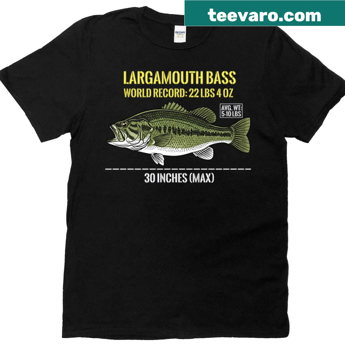 Bass illustration T-shirt with world record weight details — on a men's t-shirt