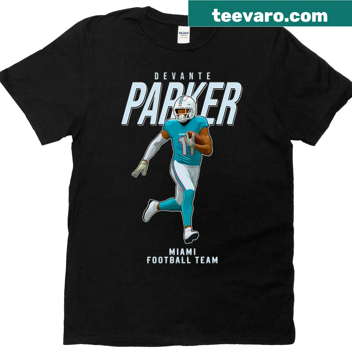 T-shirt featuring Devante Parker's name and number 11 for Miami Football — on a men's t-shirt