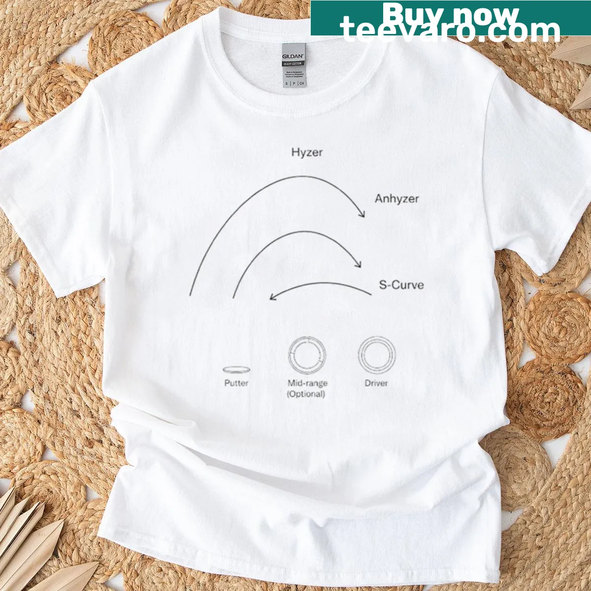 Minimalist disc golf flight paths chart printed on t-shirt — on a men's t-shirt