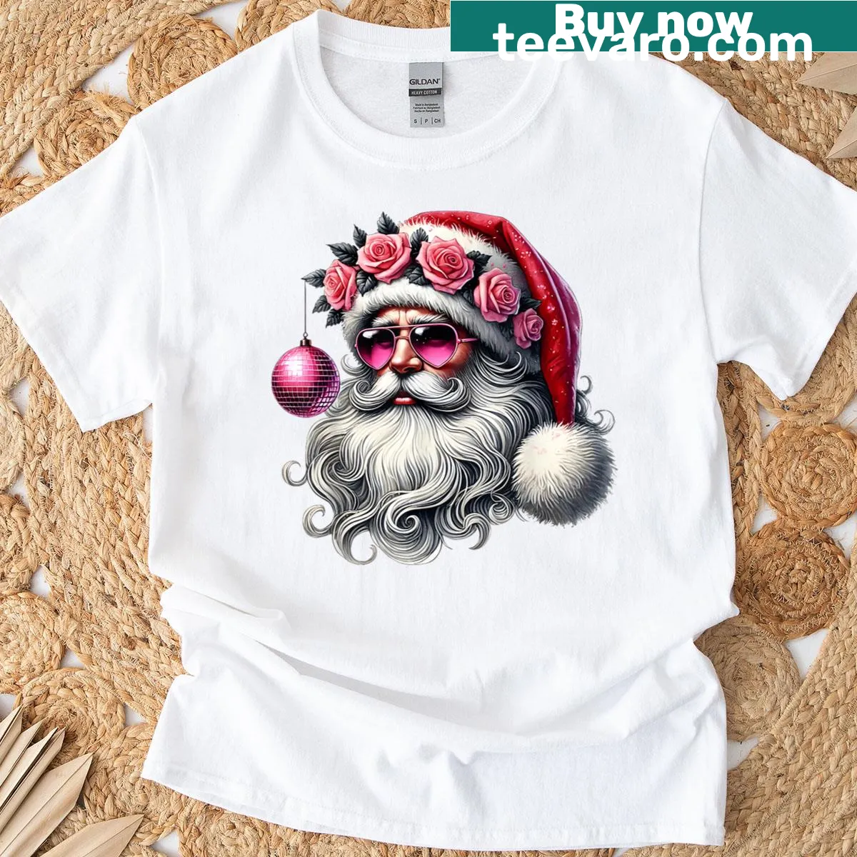 Disco Santa Claus graphic T-shirt with roses — on a men's t-shirt