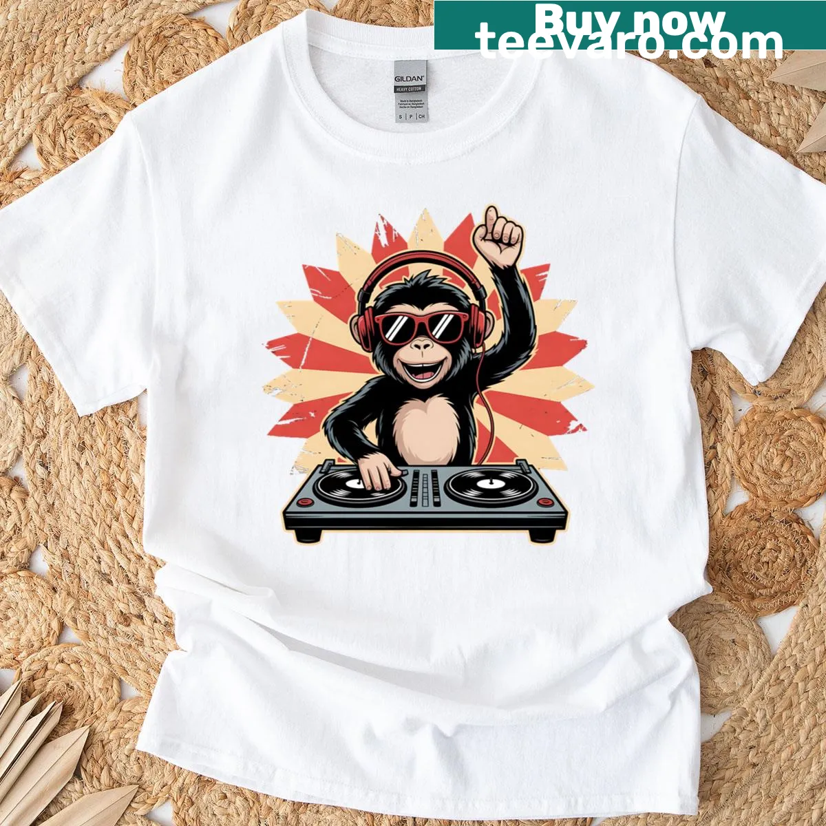 Cartoon DJ monkey graphic T-shirt — on a men's t-shirt