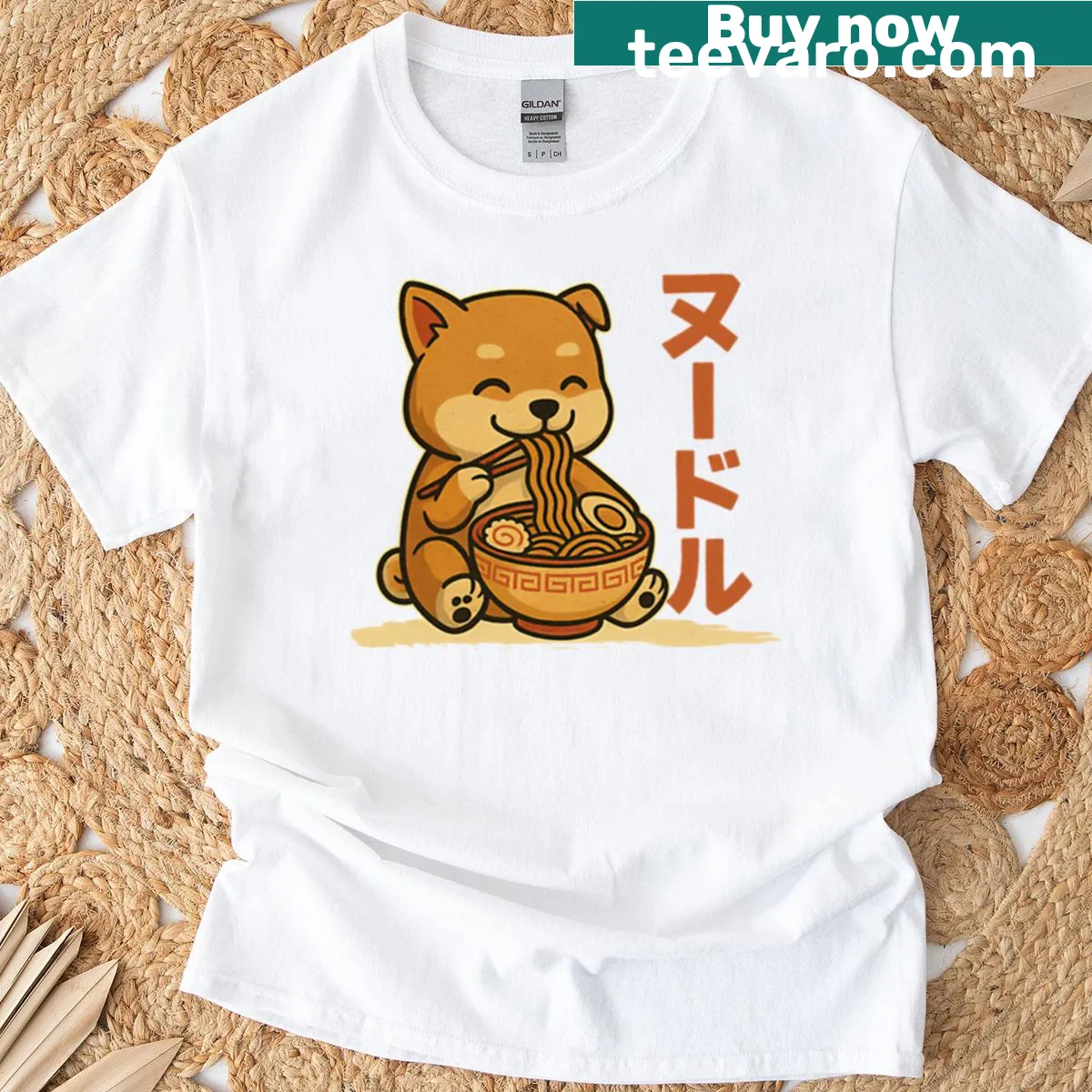 Cartoon dog eating noodles in a humorous design — on a men's t-shirt