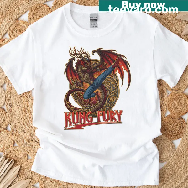 Illustrative t-shirt featuring a dragon performing a kung fu kick.