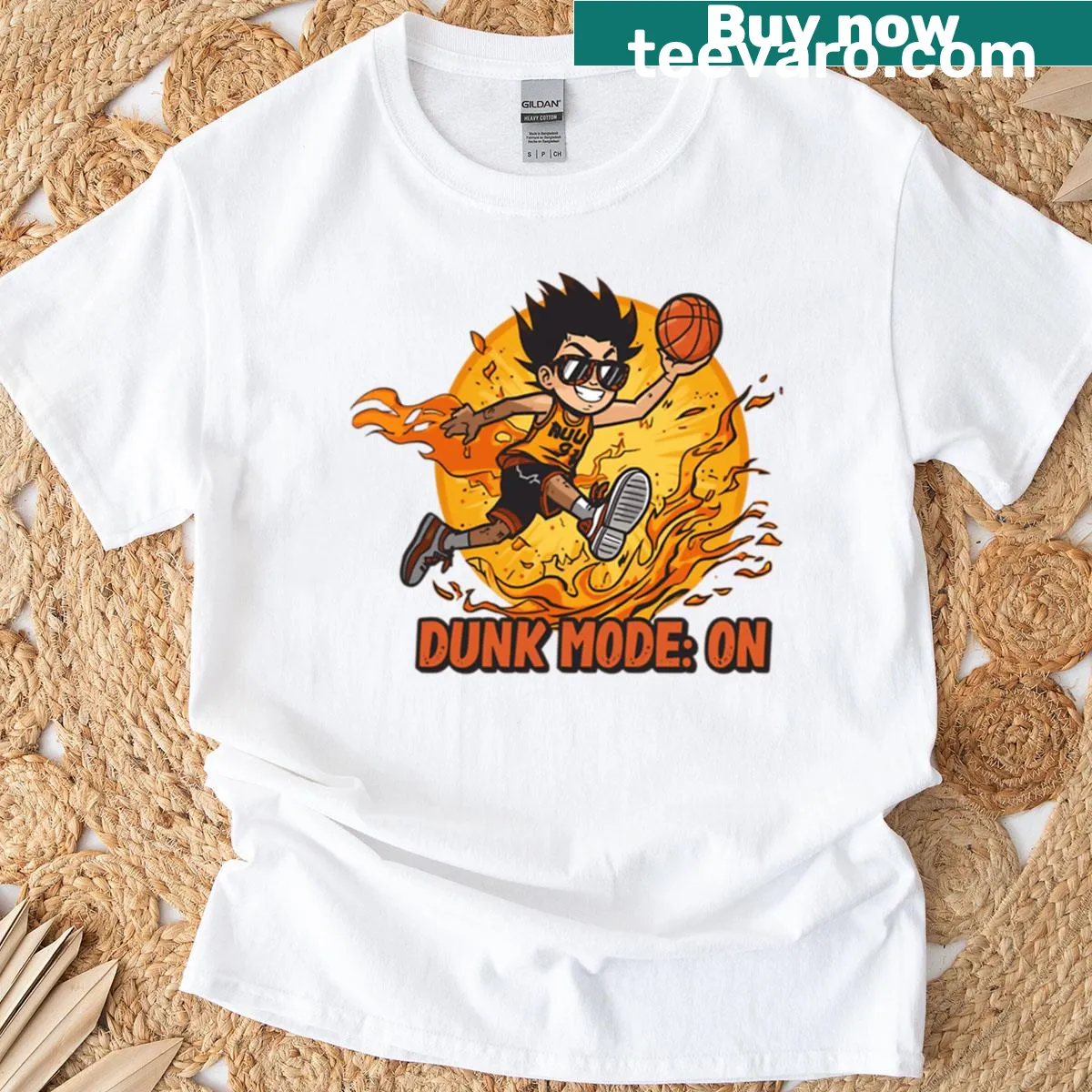Cartoon of a basketball player dunking on a T-shirt — on a men's t-shirt