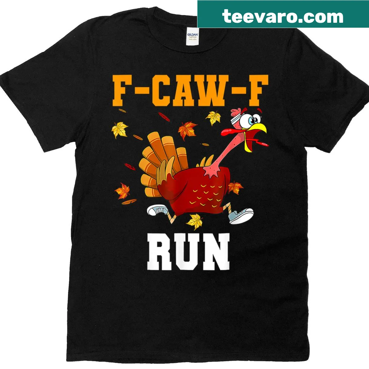 Humorous 'F Caw F' Thanksgiving t-shirt featuring a turkey design — on a men's t-shirt