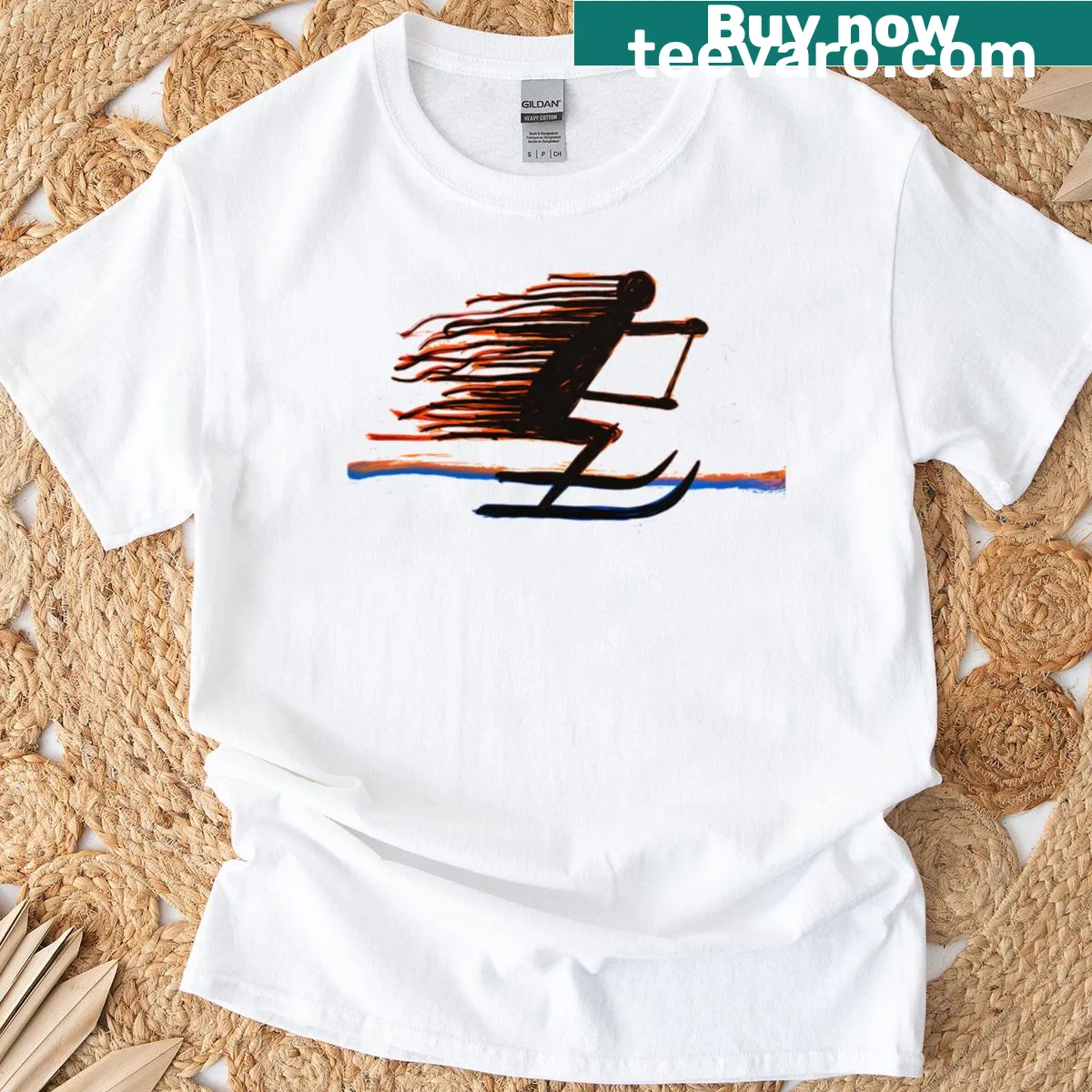 Minimal line-art design of a waterskier in motion — on a men's t-shirt
