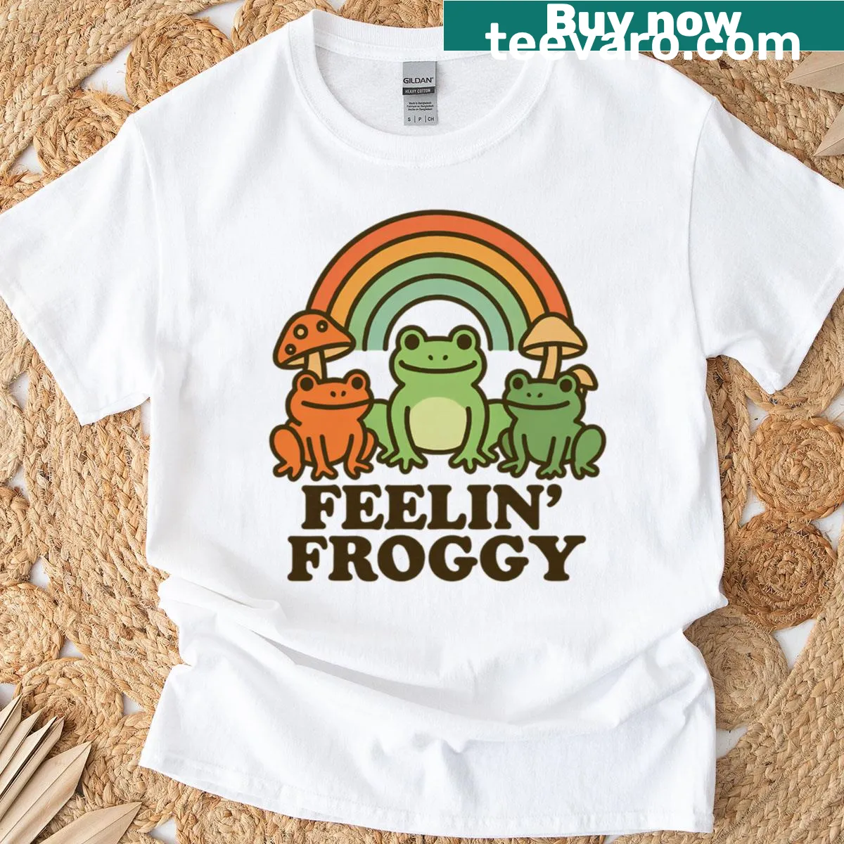 Cute frog illustration t-shirt with playful design — on a men's t-shirt