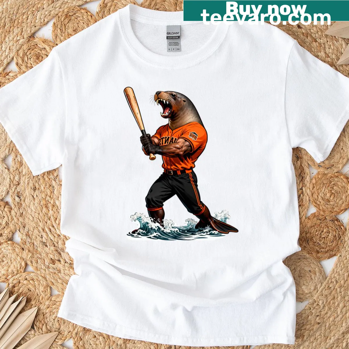 Illustrated sea lion baseball mascot hitting a ball in a fun design — on a men's t-shirt