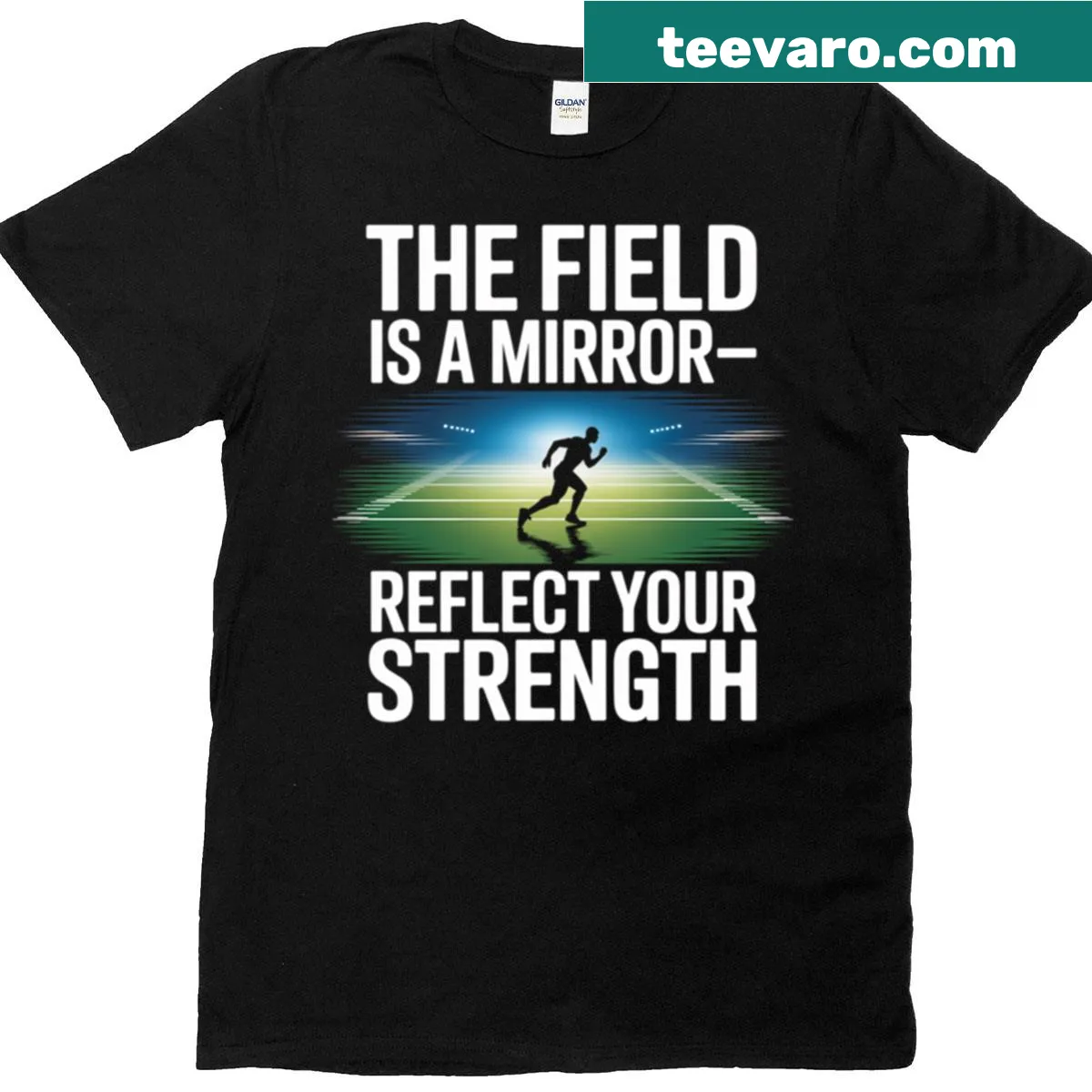 Inspirational fitness shirt with 'Field Is A Mirror' message — on a men's t-shirt